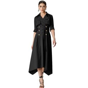 eShakti Womens Black Drop Waist Cotton Poplin High Low Trench Dress‎ Size S